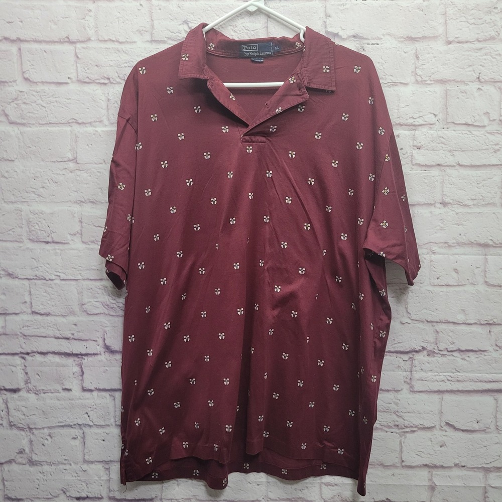 Ralph Lauren Crest All Over Print Polo Shirt Size XL Burgundy Maroon Golf Casual